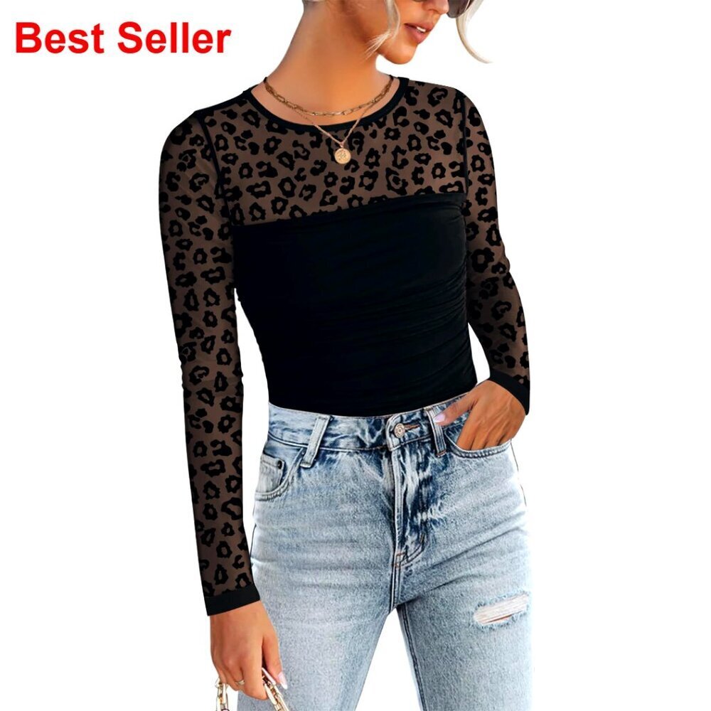 Sheer Mesh Long Sleeve Blouse, Crewneck Pleated Top for Going Out